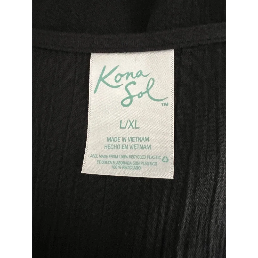 Kona Sol Swim Cover Up Women L/XL Black Maxi V-Neck Drawstring Beach Boho